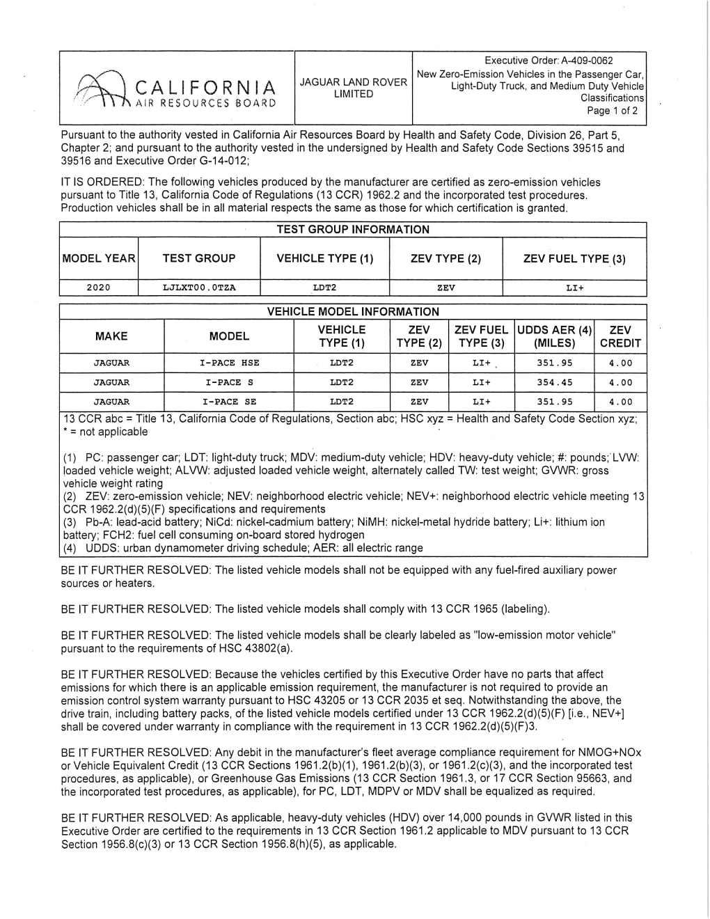 Executive Order, 2020, Jaguar Land Rover Limited, LDT, A-409-0062