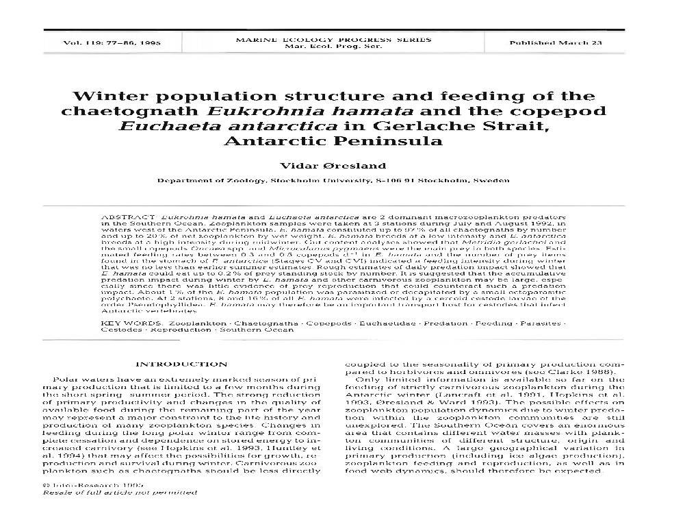 Chaetognath Eukrohnia Hamata and the Copepod Euchaeta Antarctica in Gerlache Strait, Antarctic Peninsula