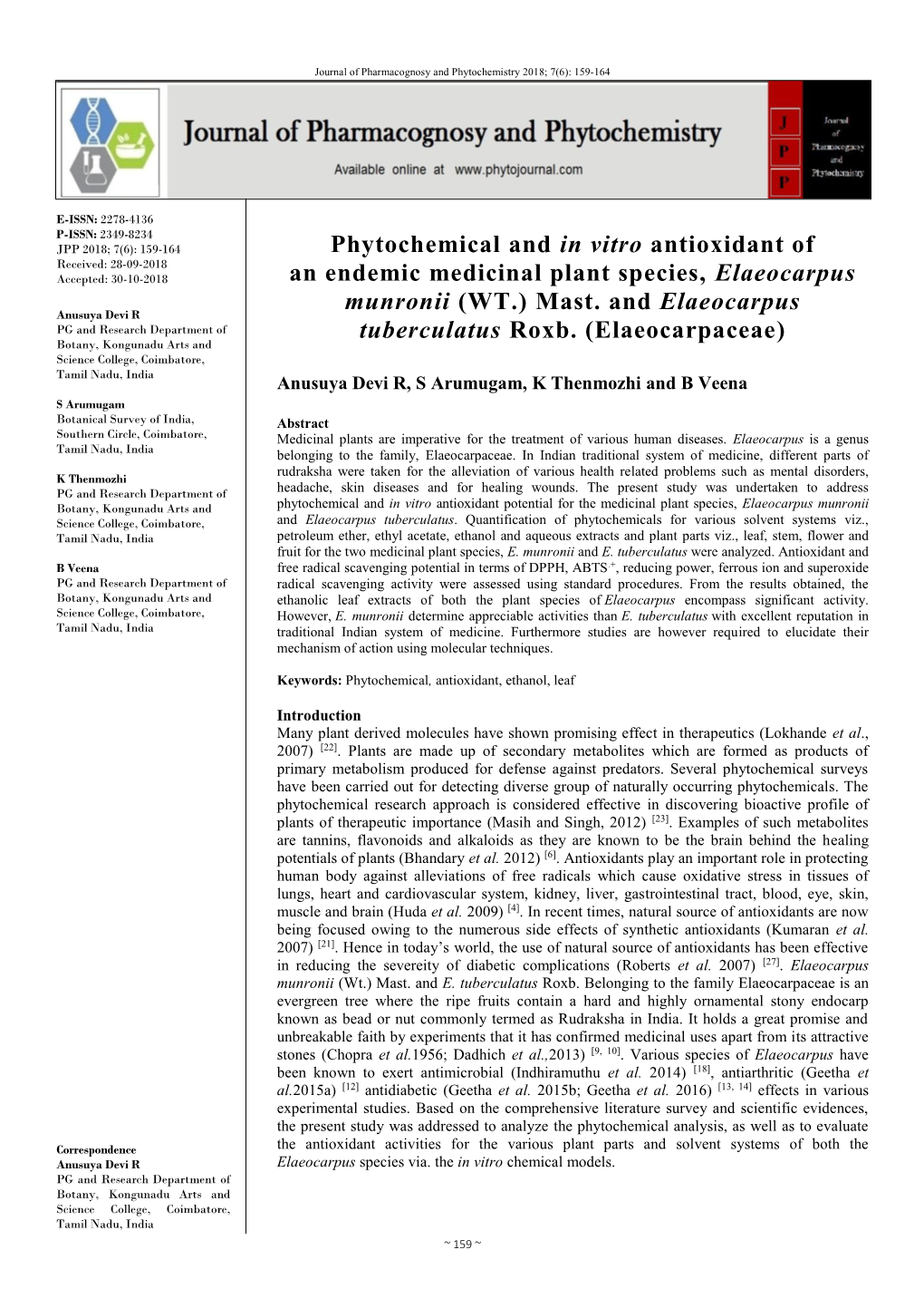 Phytochemical and in Vitro Antioxidant of an Endemic Medicinal Plant Species, Elaeocarpus Munronii