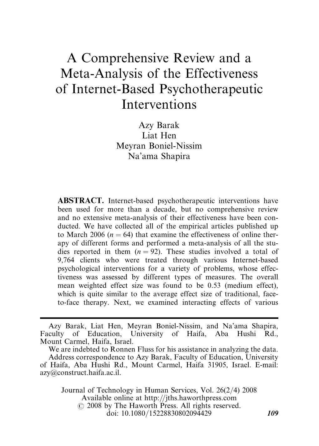 A Comprehensive Review and a Meta-Analysis of the Effectiveness of Internet-Based Psychotherapeutic Interventions