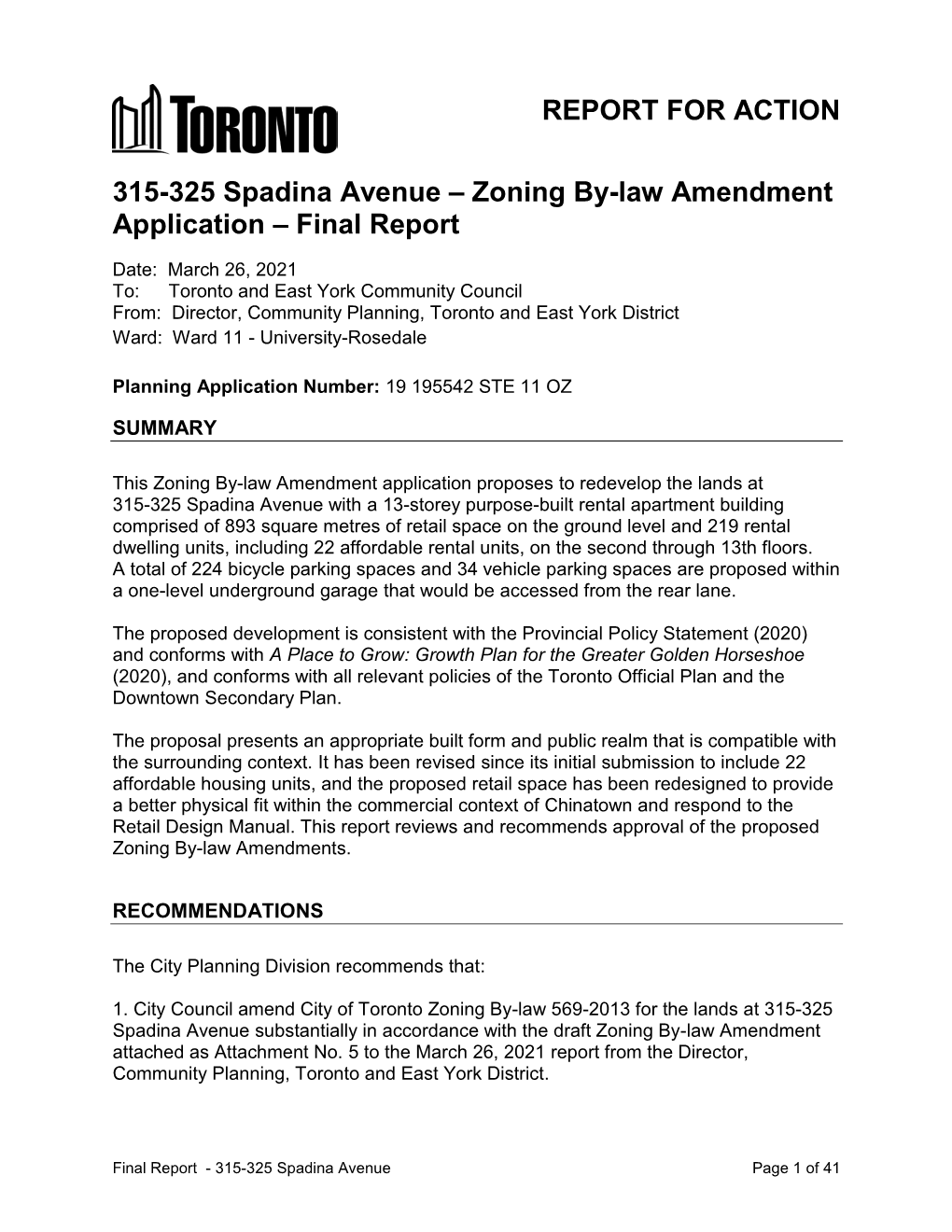 315-325 Spadina Avenue – Zoning By-Law Amendment Application – Final Report