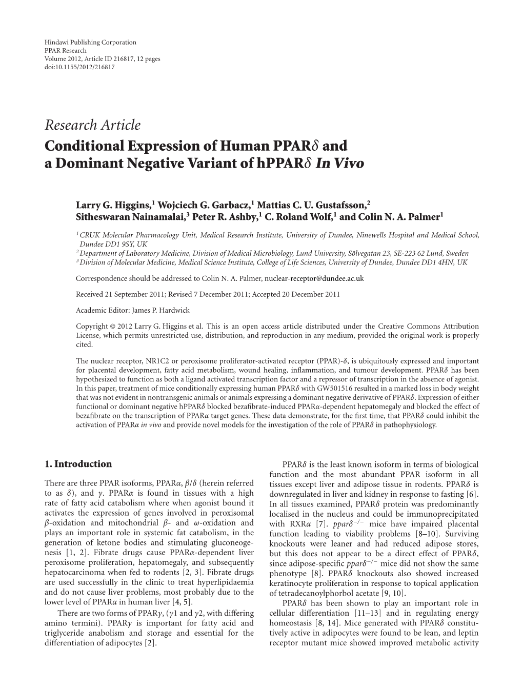 Conditional Expression of Human Pparδ and a Dominant Negative Variant of Hpparδ in Vivo