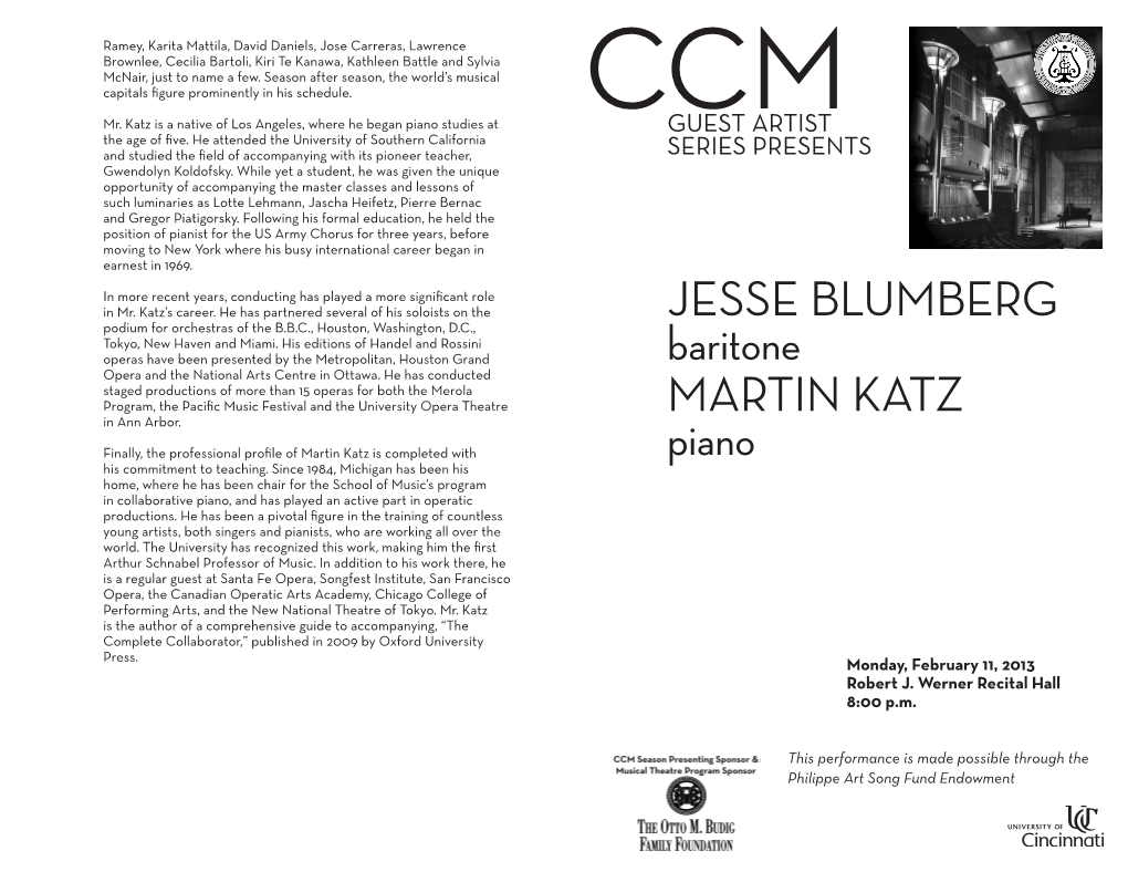 JESSE BLUMBERG Baritone MARTIN KATZ Piano