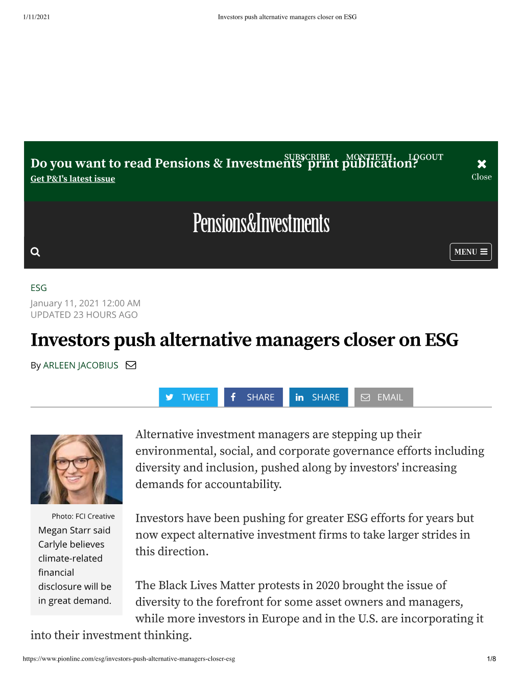 Investors Push Alternative Managers Closer on ESG