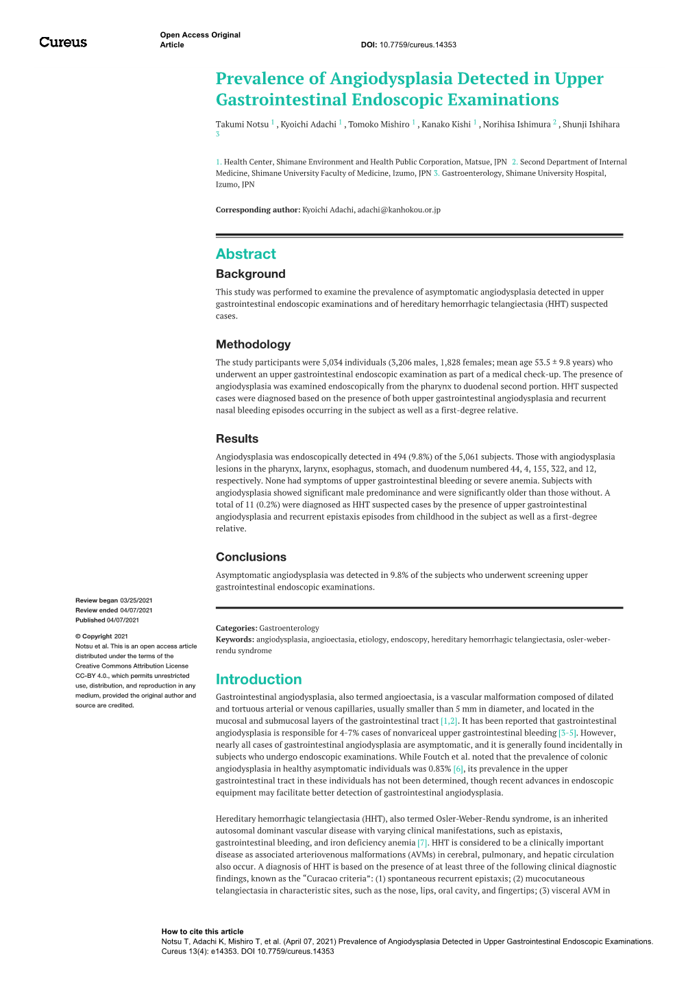 Prevalence of Angiodysplasia Detected in Upper Gastrointestinal Endoscopic Examinations