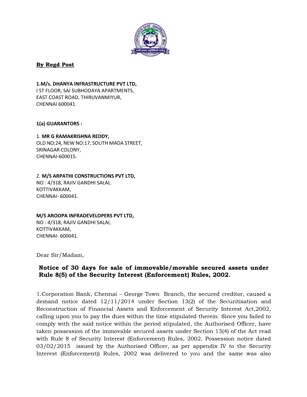 Notice of 30 Days for Sale of Immovable/Movable Secured Assets Under Rule 8(5) of the Security Interest (Enforcement) Rules, 2002