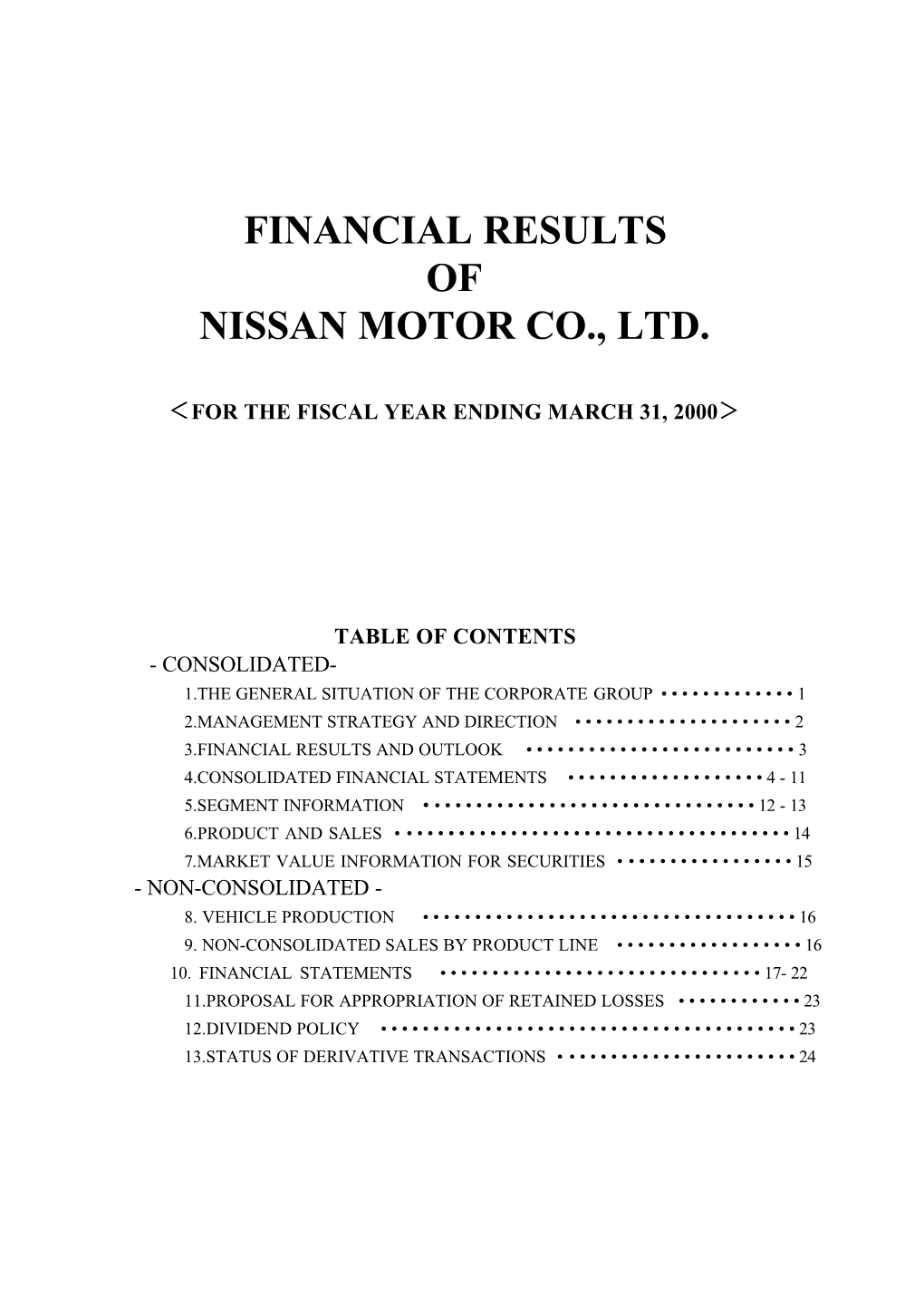 Financial Results of Nissan Motor Co., Ltd