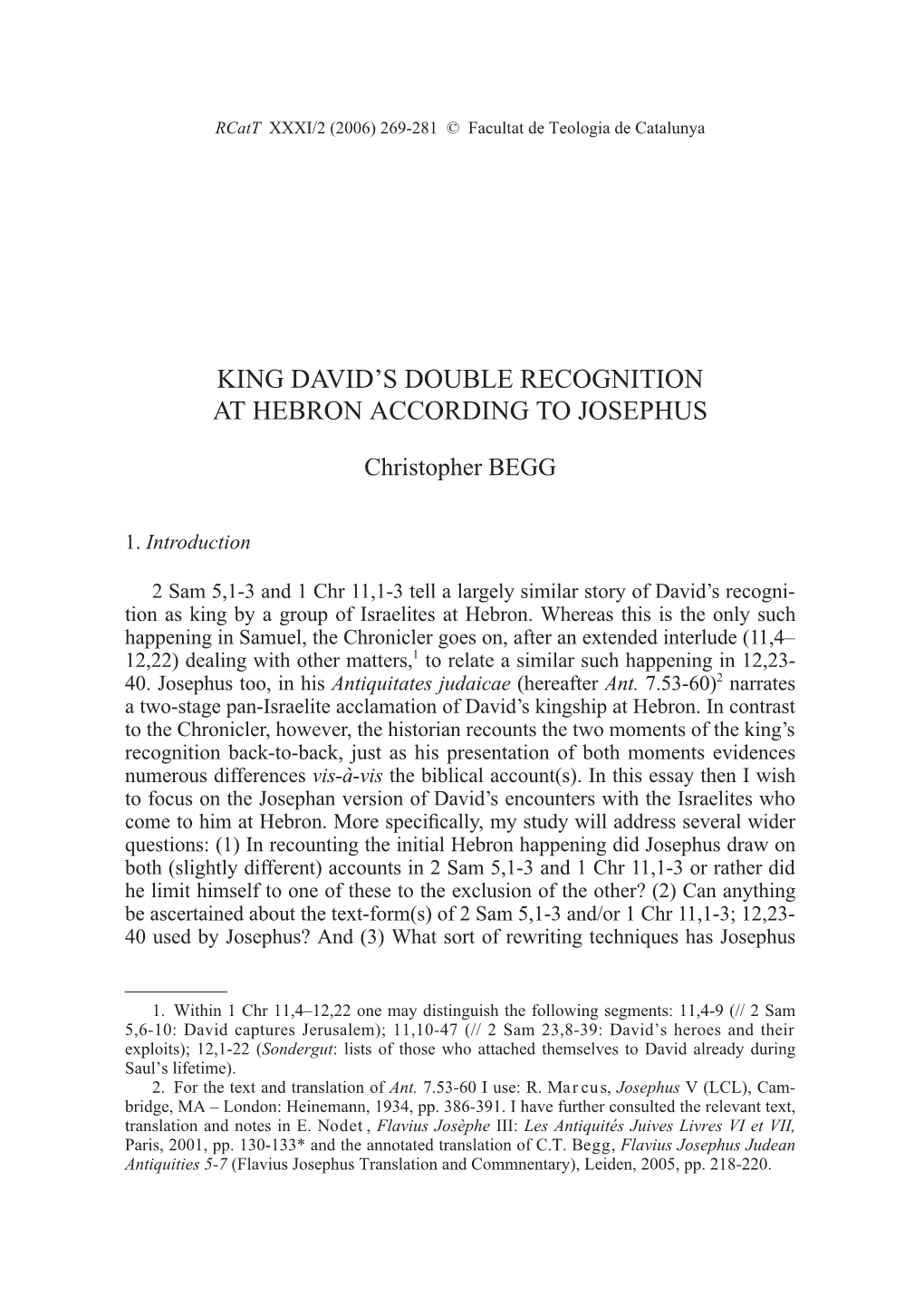 King David's Double Recognition at Hebron According to Josephus