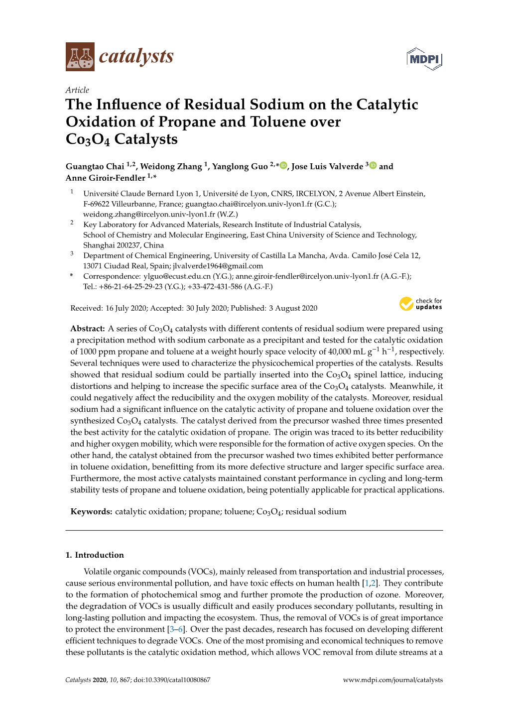 The Influence of Residual Sodium on the Catalytic Oxidation of Propane and Toluene Over Co3o4 Catalysts