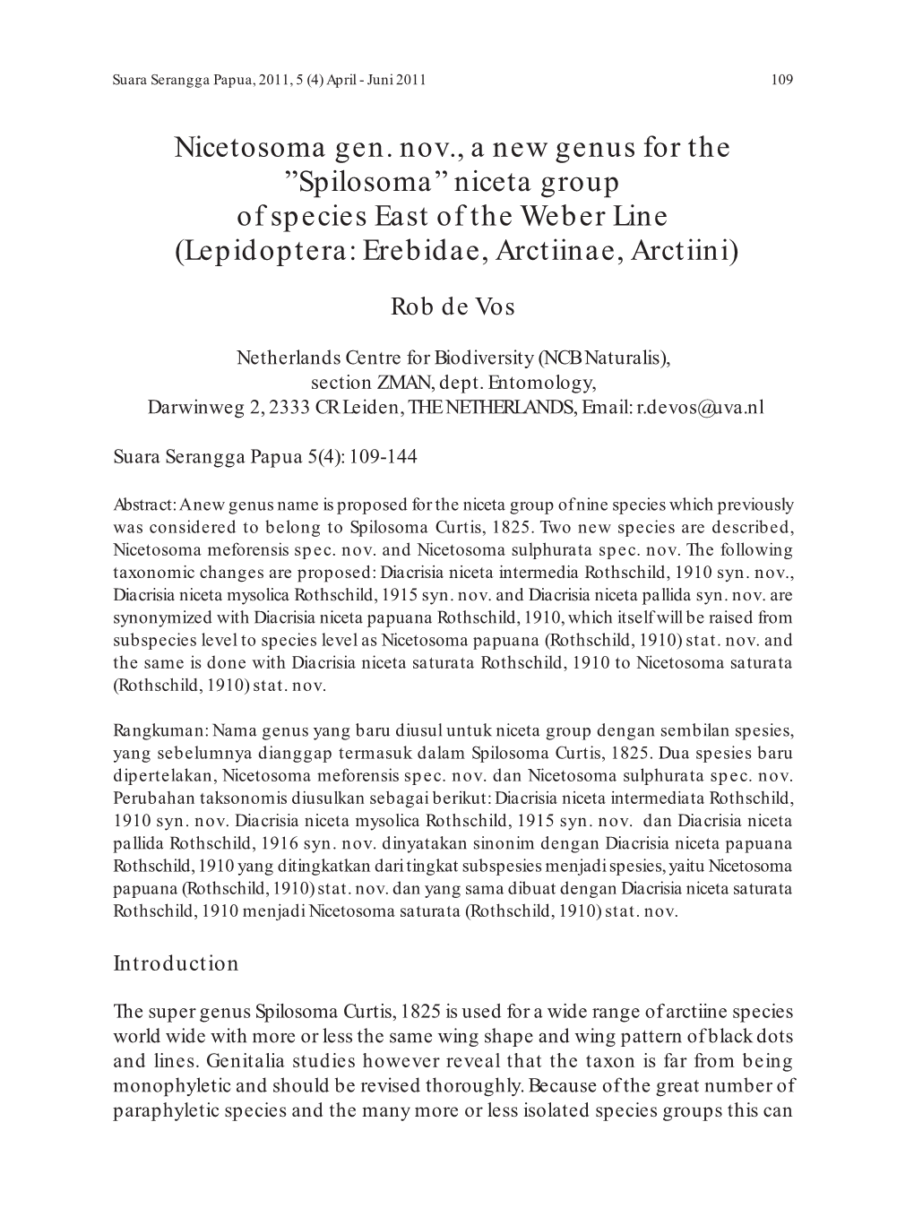 Nicetosoma Gen. Nov., a New Genus for the ”Spilosoma” Niceta Group of Species East of the Weber Line (Lepidoptera: Erebidae, Arctiinae, Arctiini)