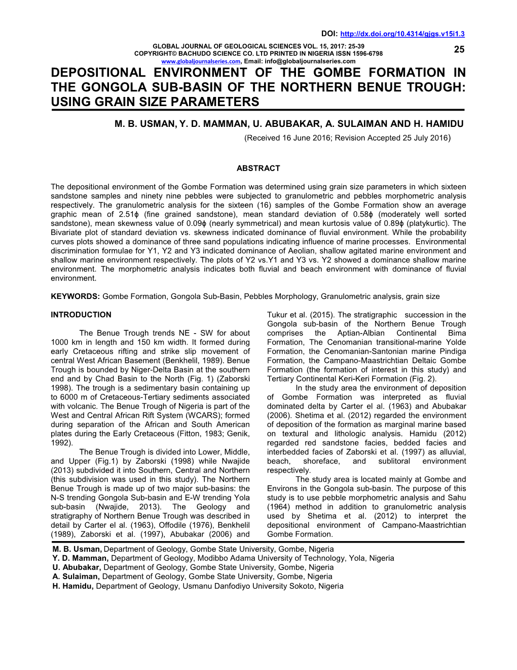 Depositional Environment of the Gombe Formation in the Gongola Sub-Basin of the Northern Benue Trough: Using Grain Size Parameters