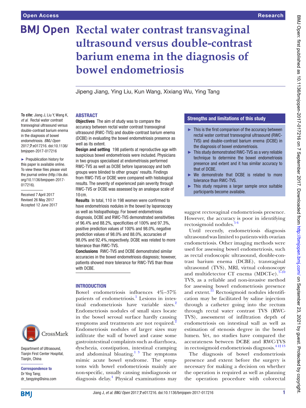 Rectal Water Contrast Transvaginal Ultrasound Versus Double-Contrast Barium Enema in the Diagnosis of Bowel Endometriosis