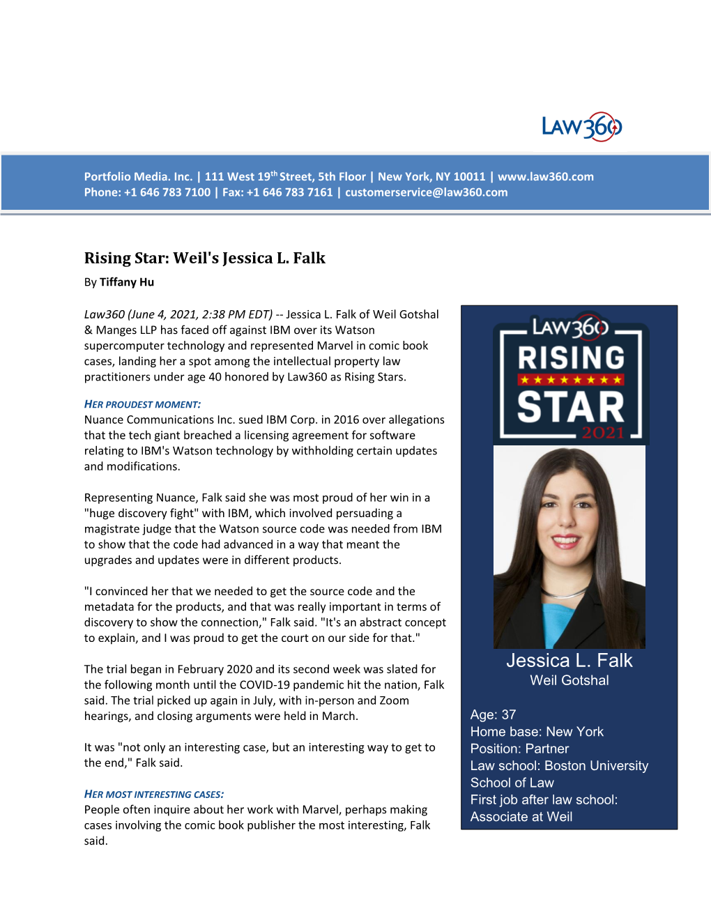 Jessica Falk Named 2021 Rising Star for Intellectual Property