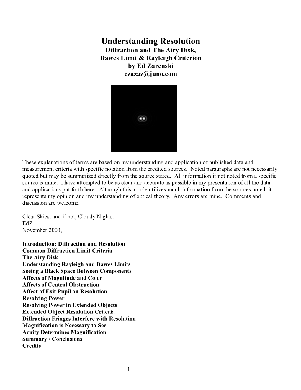 Understanding Resolution Diffraction and the Airy Disk, Dawes Limit & Rayleigh Criterion by Ed Zarenski Ezazaz@Juno.Com