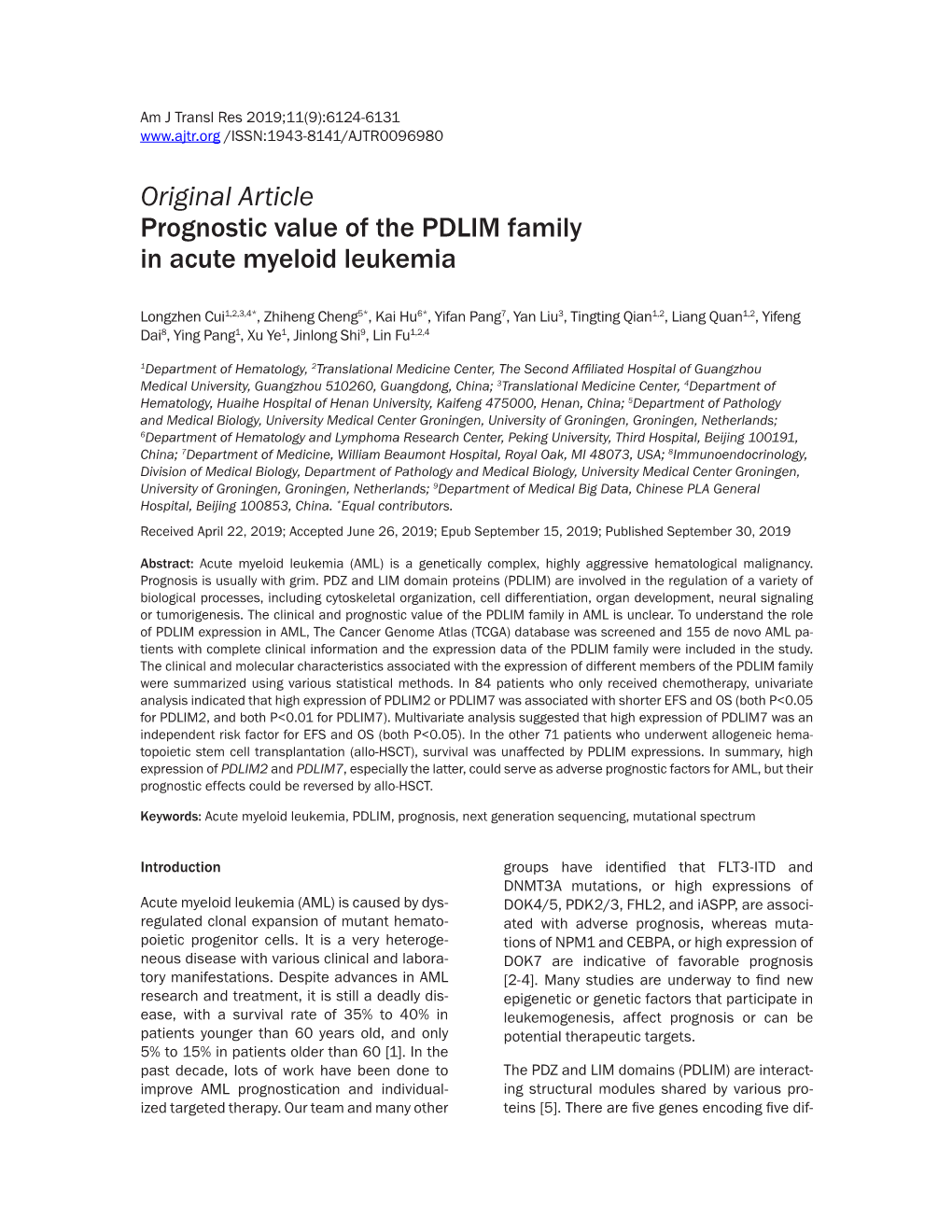 Original Article Prognostic Value of the PDLIM Family in Acute Myeloid Leukemia