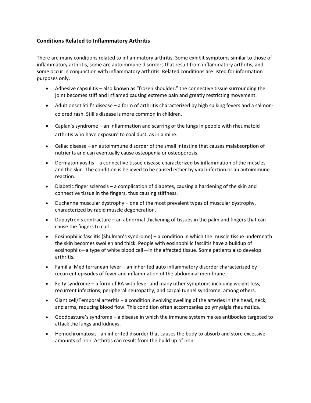 Conditions Related to Inflammatory Arthritis