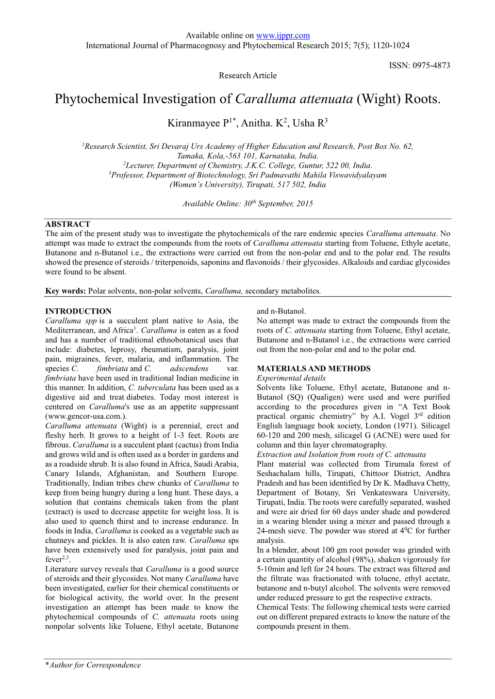 Phytochemical Investigation of Caralluma Attenuata (Wight) Roots