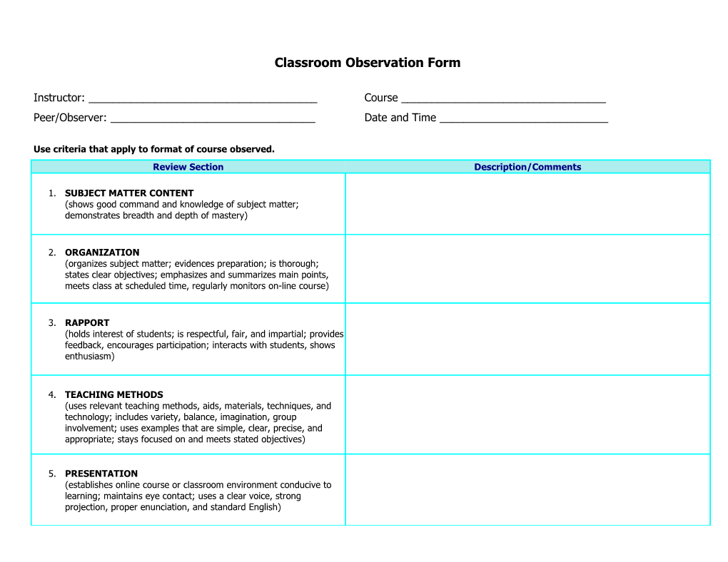 Classroom Observation Form