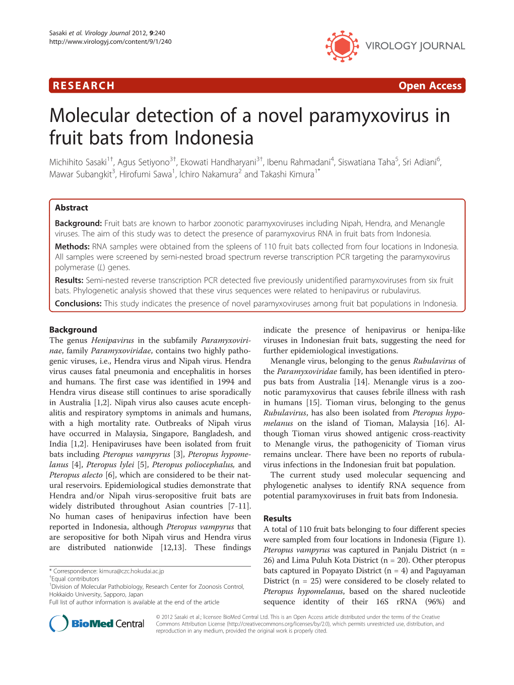 Molecular Detection of a Novel Paramyxovirus in Fruit Bats from Indonesia