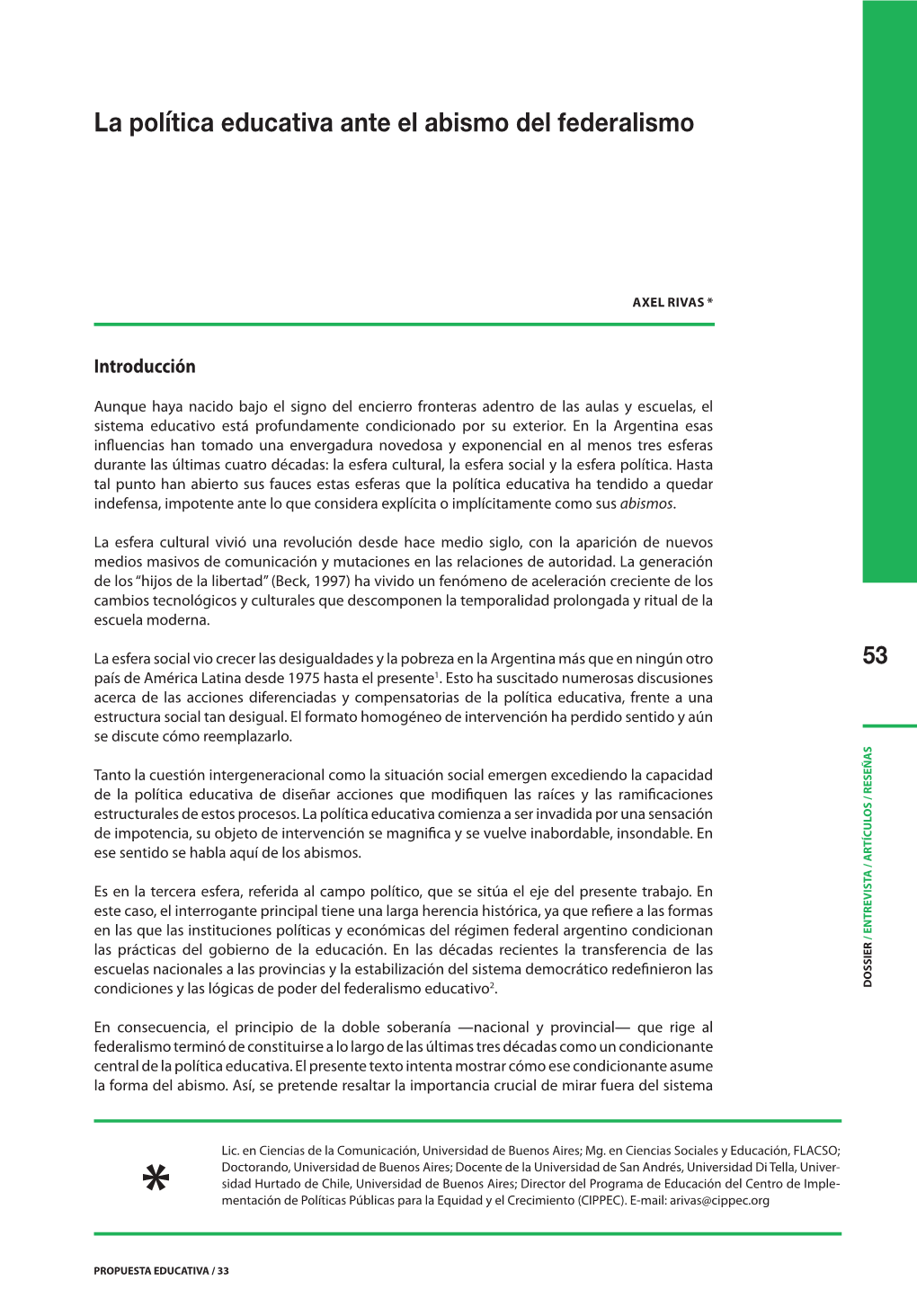 La Política Educativa Ante El Abismo Del Federalismo