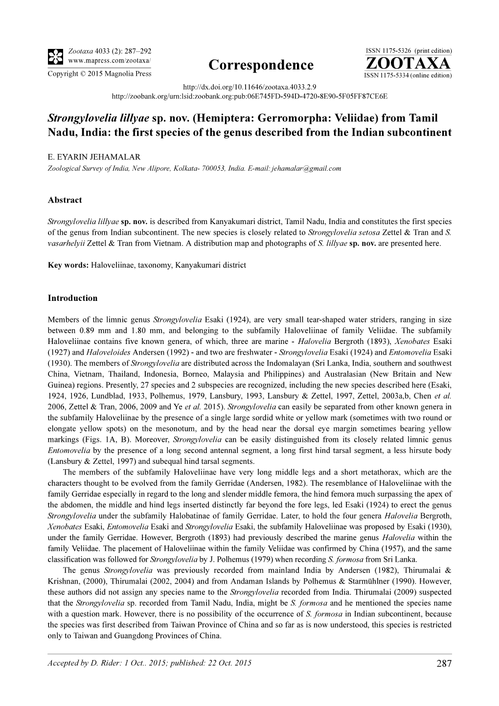 Hemiptera: Gerromorpha: Veliidae) from Tamil Nadu, India: the First Species of the Genus Described from the Indian Subcontinent