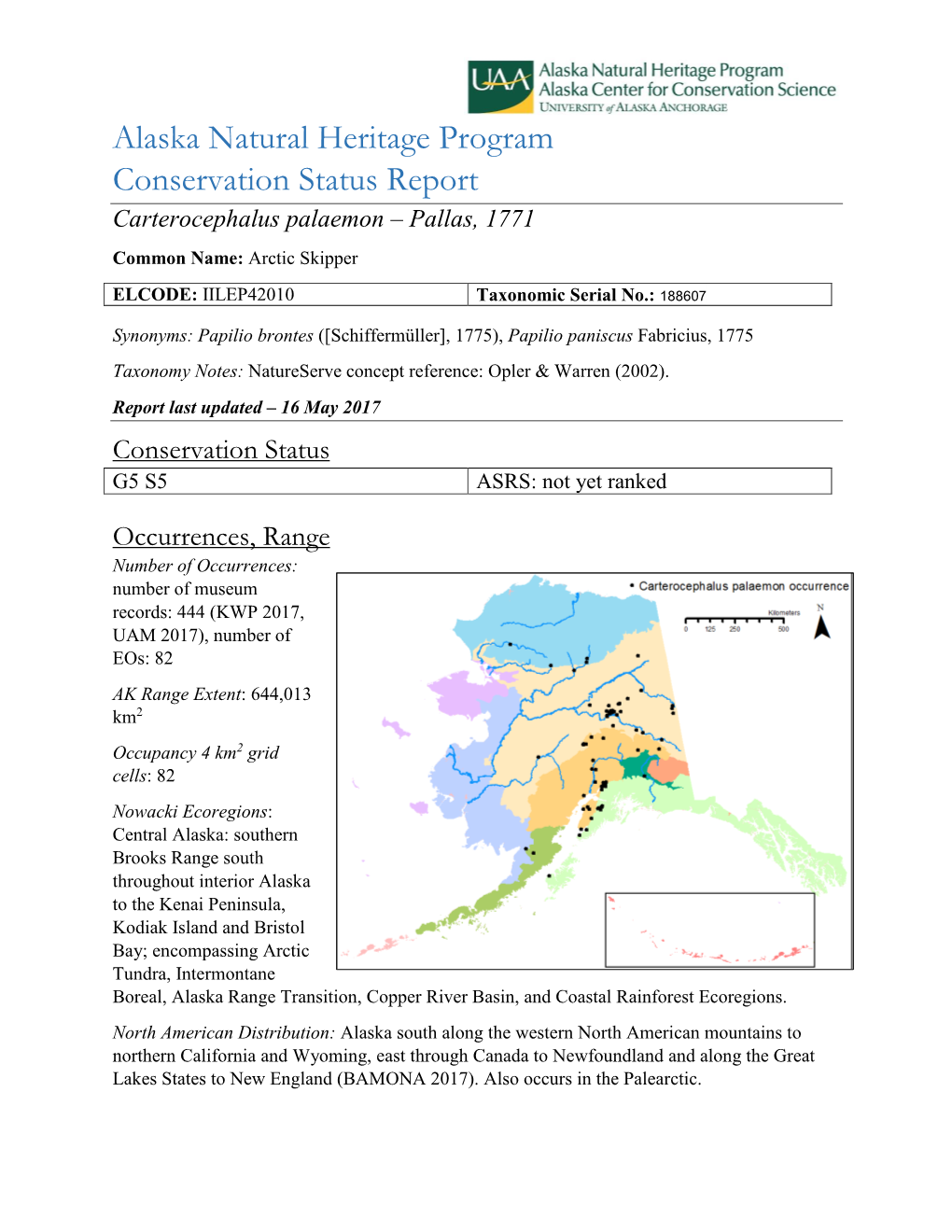 Alaska Natural Heritage Program Conservation Status Report Carterocephalus Palaemon – Pallas, 1771 Common Name: Arctic Skipper