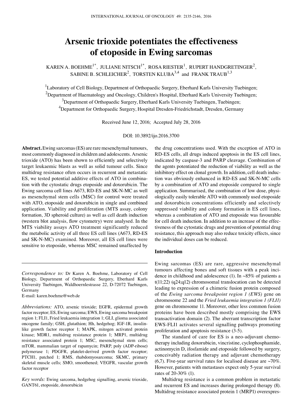 Arsenic Trioxide Potentiates the Effectiveness of Etoposide in Ewing Sarcomas