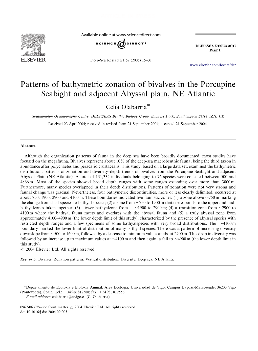 Patterns of Bathymetric Zonation of Bivalves in the Porcupine Seabight and Adjacent Abyssal Plain, NE Atlantic