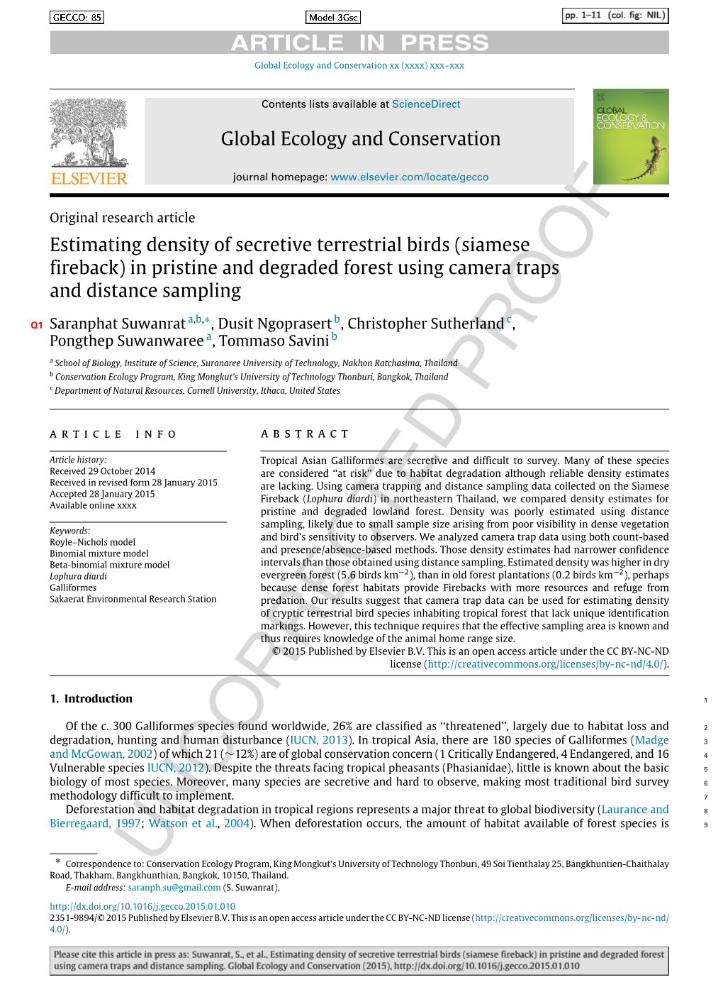 Estimating Density of Secretive Terrestrial Birds (Siamese Fireback) in Pristine and Degraded Forest Using Camera Traps and Distance Sampling