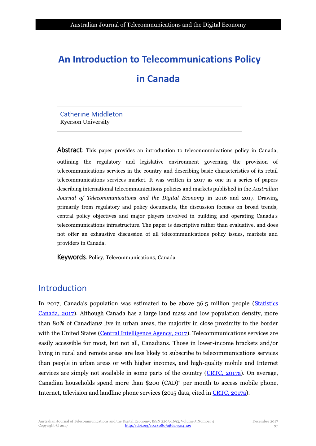 An Introduction to Telecommunications Policy in Canada