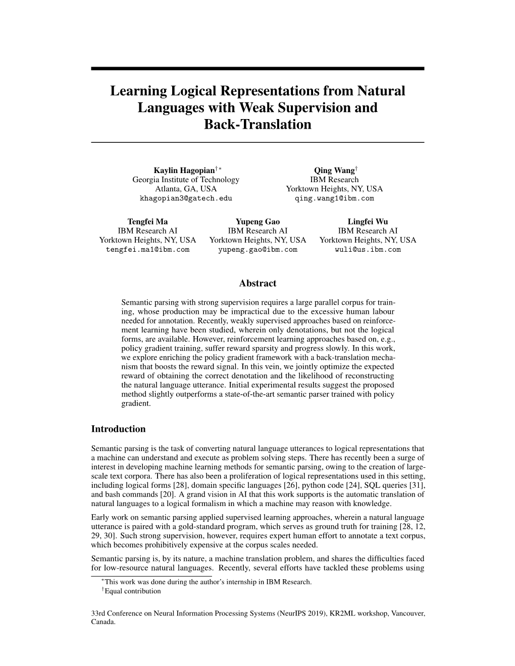 Learning Logical Representations from Natural Languages with Weak Supervision and Back-Translation