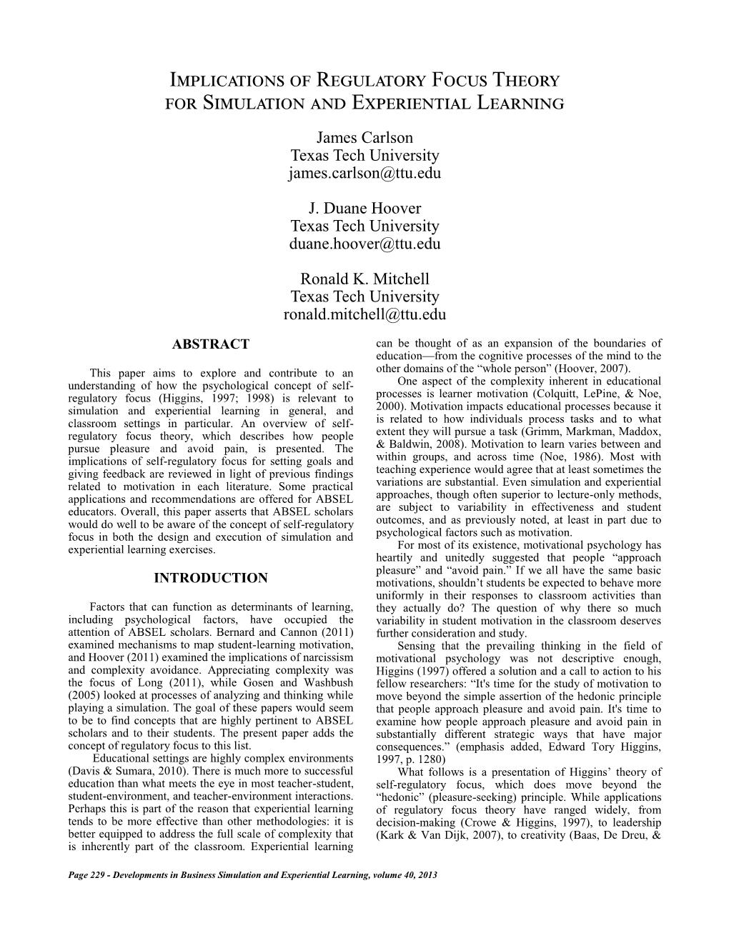 Implications of Regulatory Focus Theory for Simulation and Experiential Learning