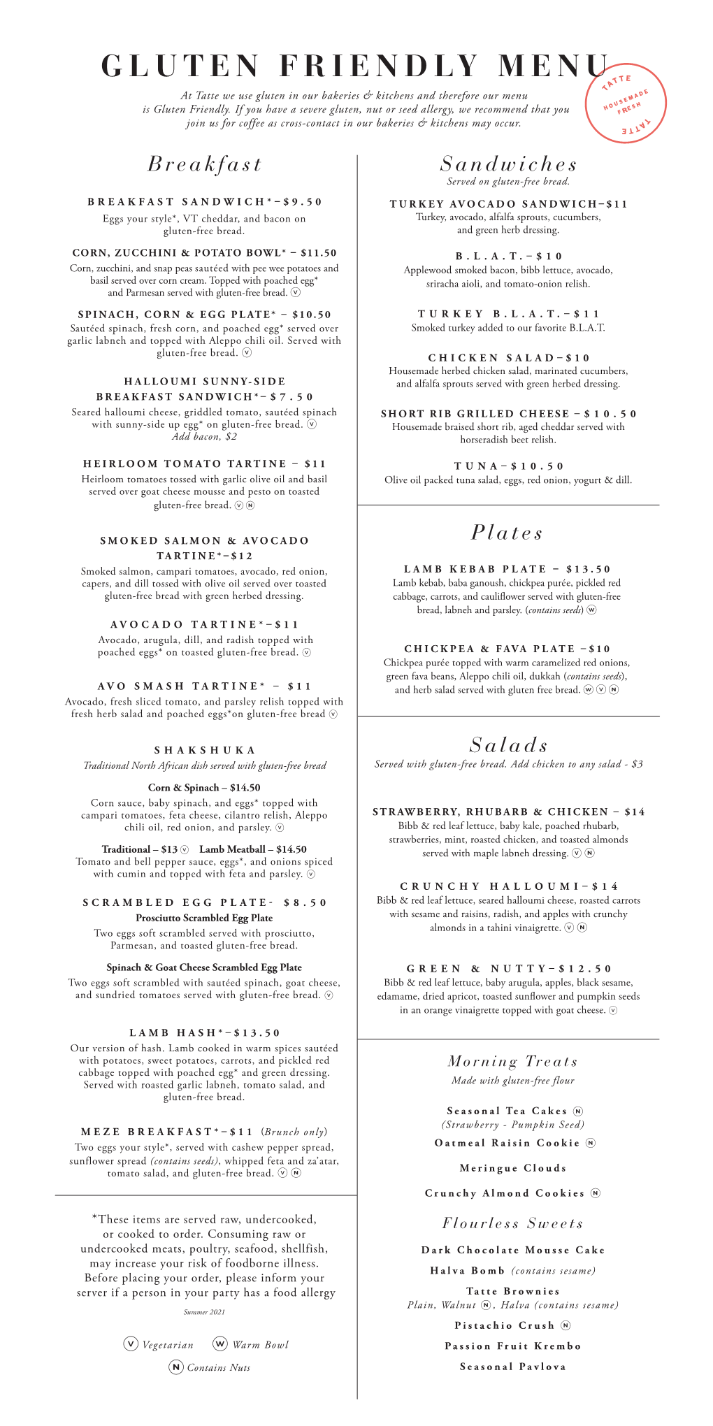 GLUTEN FRIENDLY MENU at Tatte We Use Gluten in Our Bakeries & Kitchens and Therefore Our Menu Is Gluten Friendly