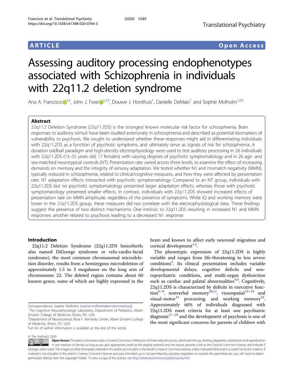 Assessing Auditory Processing Endophenotypes Associated with Schizophrenia in Individuals with 22Q11.2 Deletion Syndrome Ana A