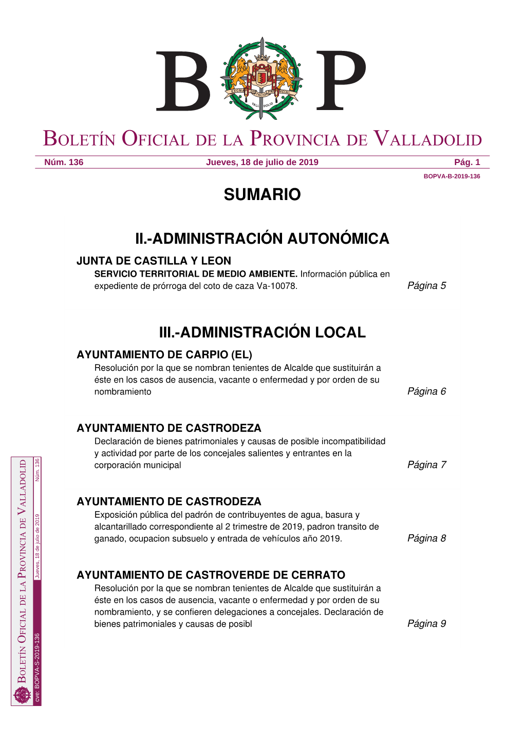 Sumario Boletín Oficial De La Provincia De Valladolid