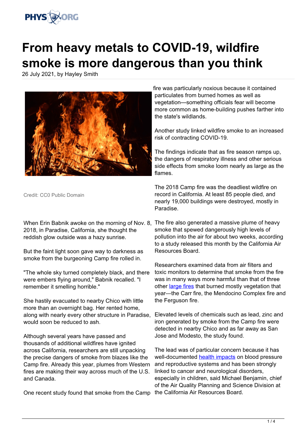 From Heavy Metals to COVID-19, Wildfire Smoke Is More Dangerous Than You Think 26 July 2021, by Hayley Smith