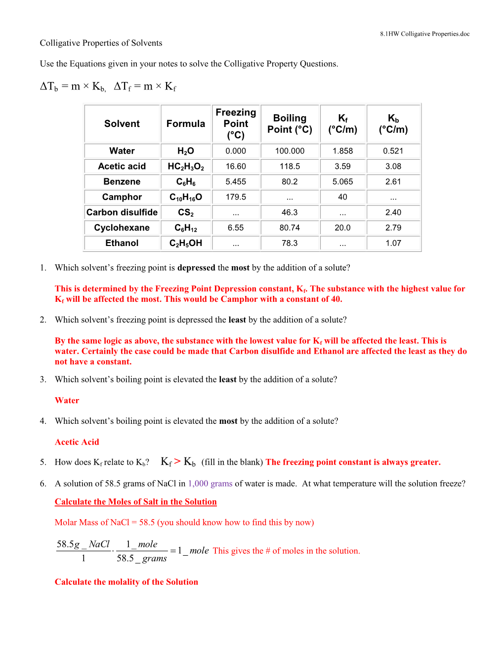 Δtb = M × Kb, Δtf = M × Kf