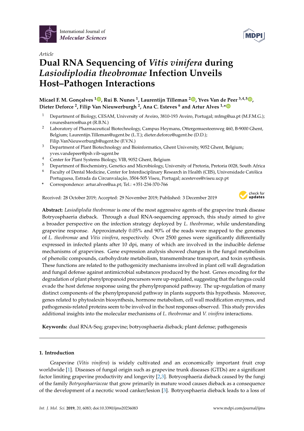 Dual RNA Sequencing of Vitis Vinifera During Lasiodiplodia Theobromae Infection Unveils Host–Pathogen Interactions