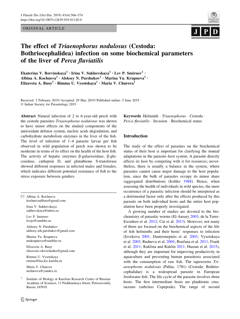 The Effect of Triaenophorus Nodulosus (Cestoda: Bothriocephalidea) Infection on Some Biochemical Parameters of the Liver of Perca ﬂuviatilis