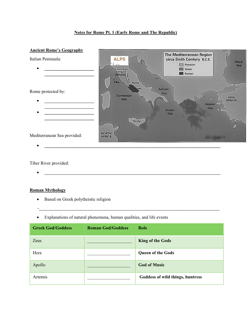 Notes for Rome Pt. 1 (Early Rome and the Republic) Ancient Rome's Geography Italian Peninsula: • ___