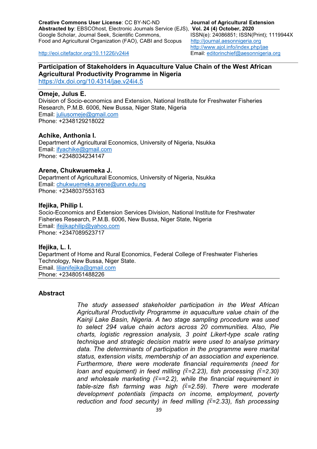 Participation of Stakeholders in Aquaculture Value Chain of The