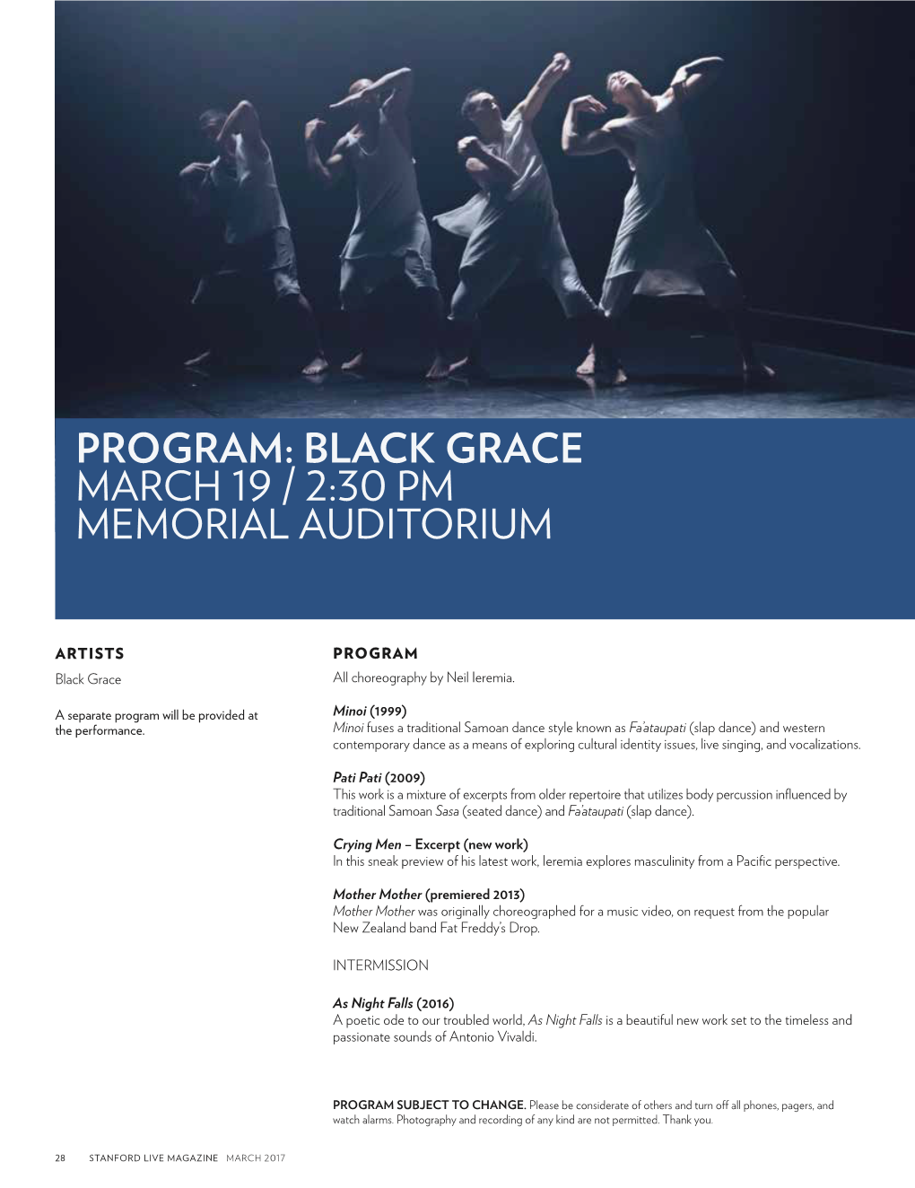 Black Grace March 19 / 2:30 Pm Memorial Auditorium