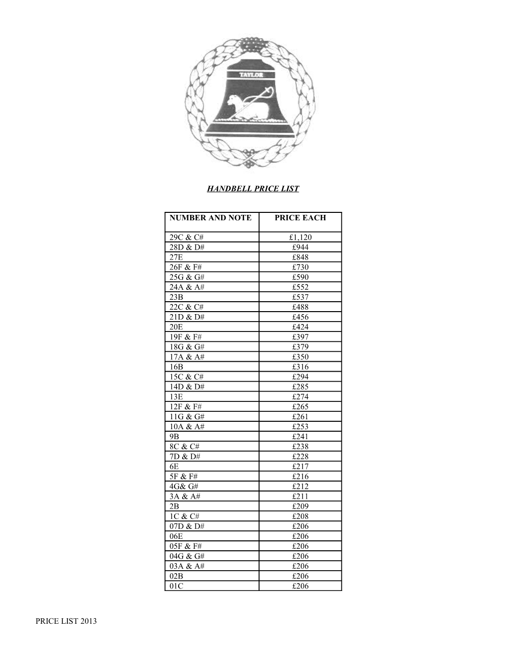 Handbell Price List