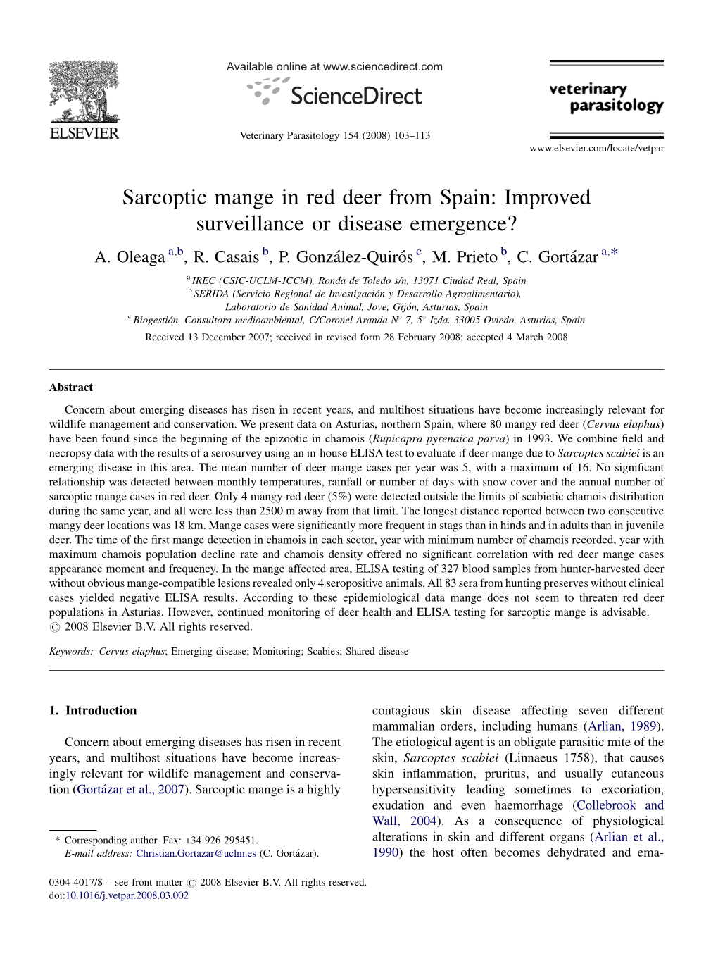 Sarcoptic Mange in Red Deer from Spain: Improved Surveillance Or Disease Emergence? A