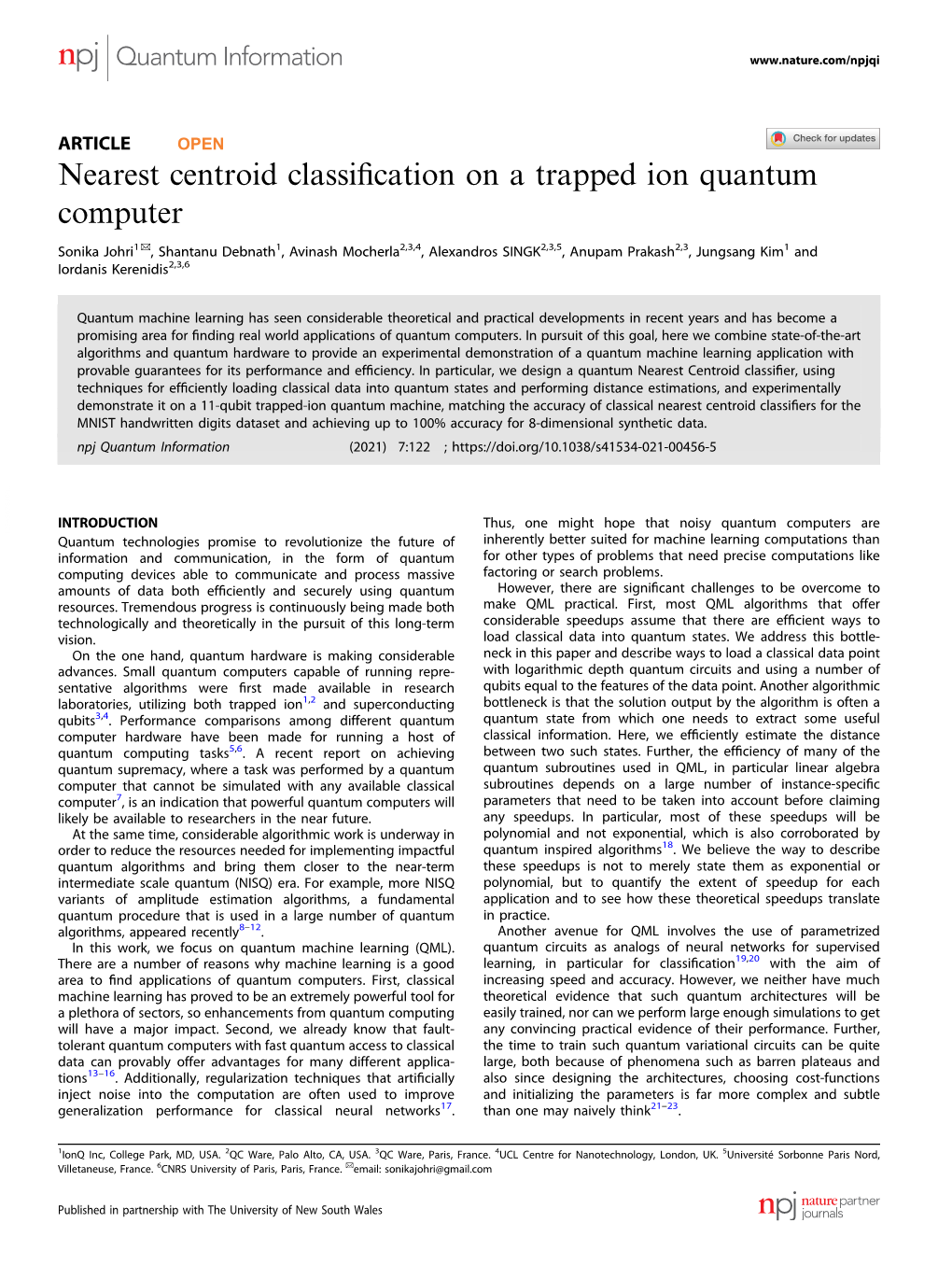 Nearest Centroid Classification on a Trapped Ion Quantum Computer