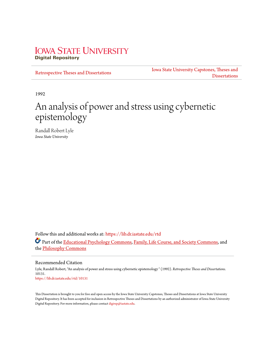 An Analysis of Power and Stress Using Cybernetic Epistemology Randall Robert Lyle Iowa State University