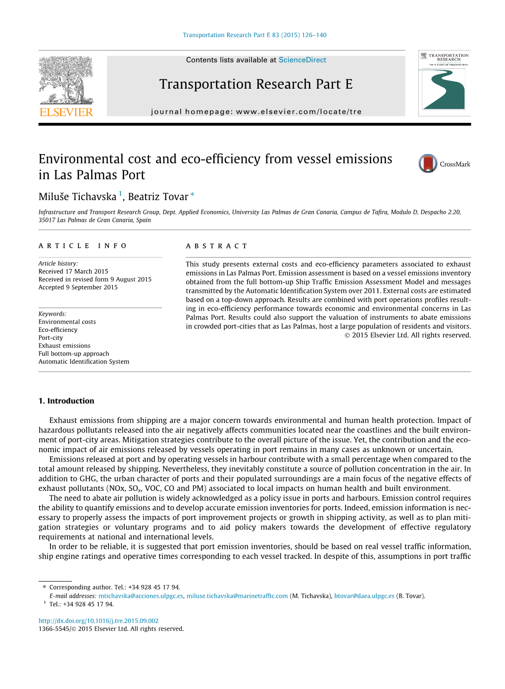 Environmental Cost and Eco-Efficiency from Vessel Emissions in Las Palmas Port