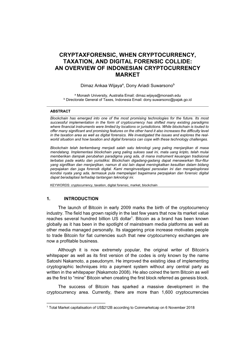 Cryptaxforensic, When Cryptocurrency, Taxation, and Digital Forensic Collide: an Overview of Indonesian Cryptocurrency Market