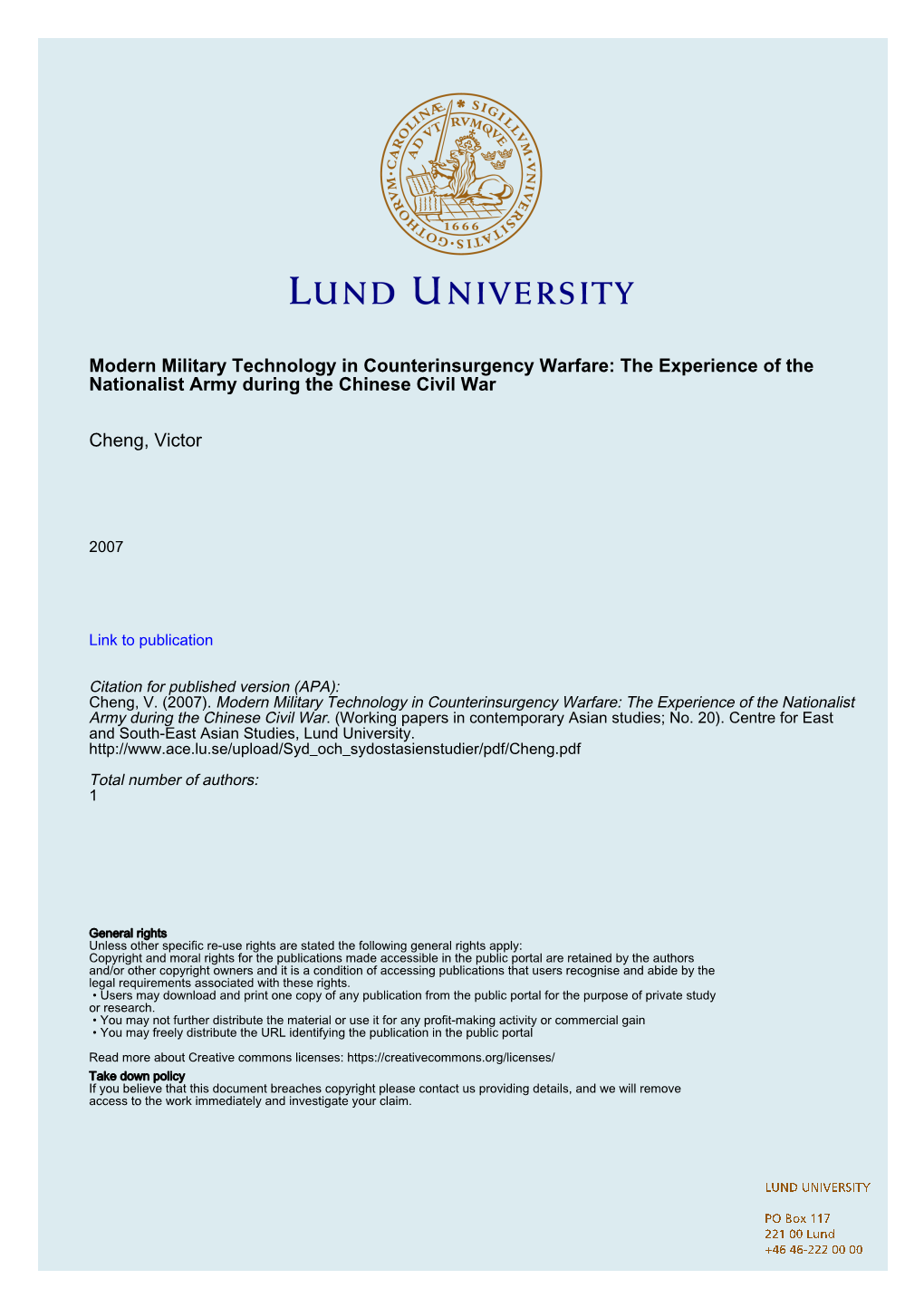 Modern Military Technology in Counterinsurgency Warfare: the Experience of the Nationalist Army During the Chinese Civil War