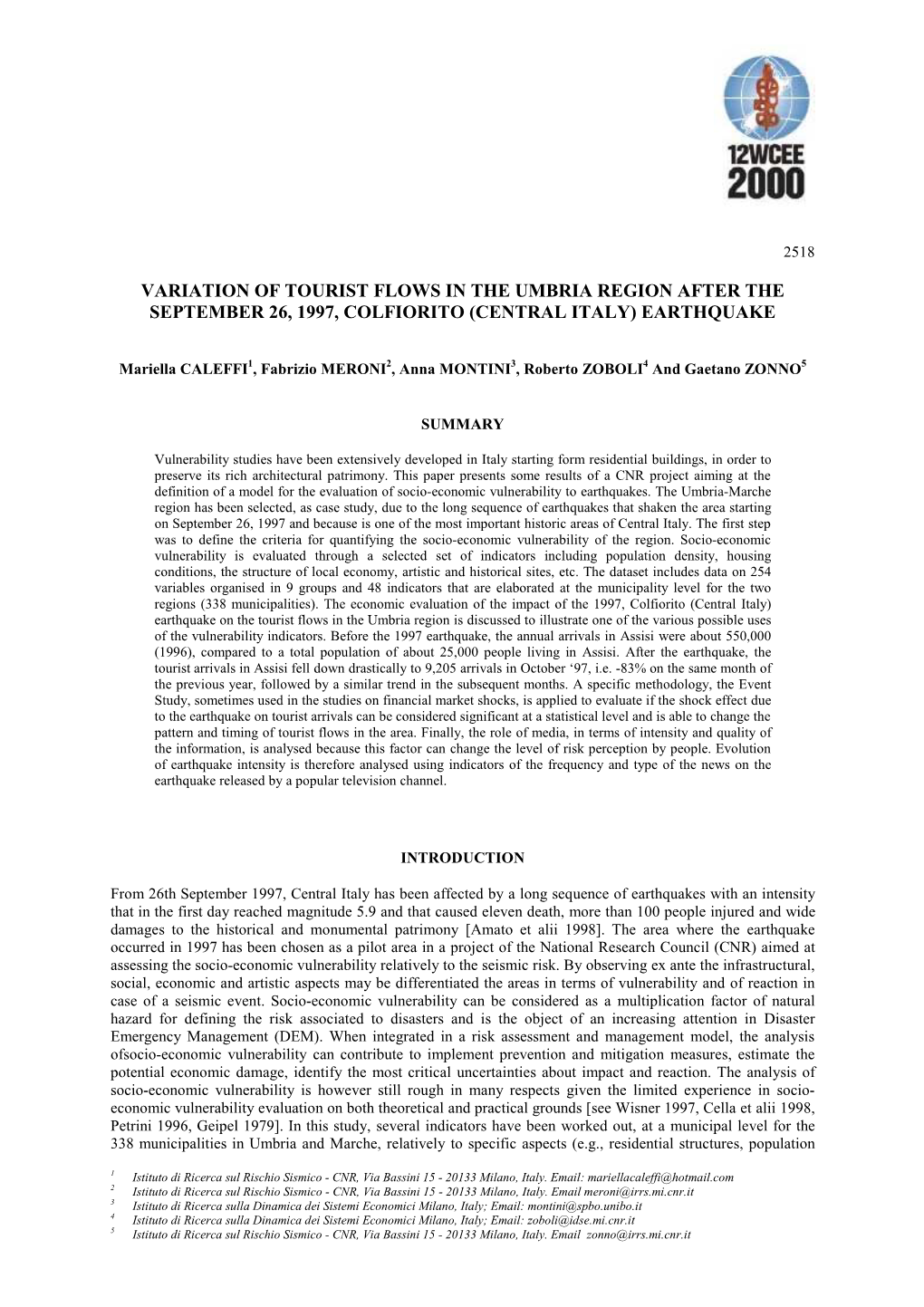 Variation of Tourist Flows in the Umbria Region After the September 26, 1997, Colfiorito (Central Italy) Earthquake